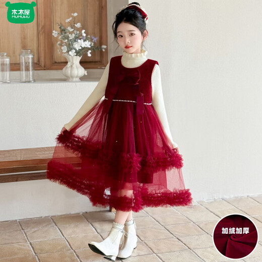 Wooden house girls velvet dress suit 2026 new children's red princess dress New Year's New Year's greetings dress skirt black sweater 160