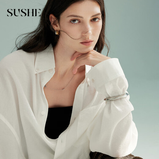 SUSHE Dufeng deconstructed design, irregular lapel, slanted placket, thin, silky, loose, wrinkled shirt, light cloud white M