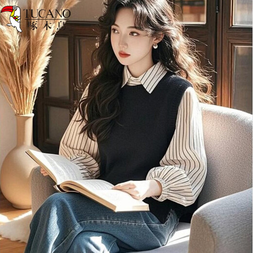 The popular style of Woodpecker (TUCANO) this year is good-looking, unique, beautiful, fashionable and old-looking white striped fake two-piece shirt 5198-black style. Collection, purchase and priority delivery. S Recommendation: 80-95Jin Jin is equal to 0.5kg