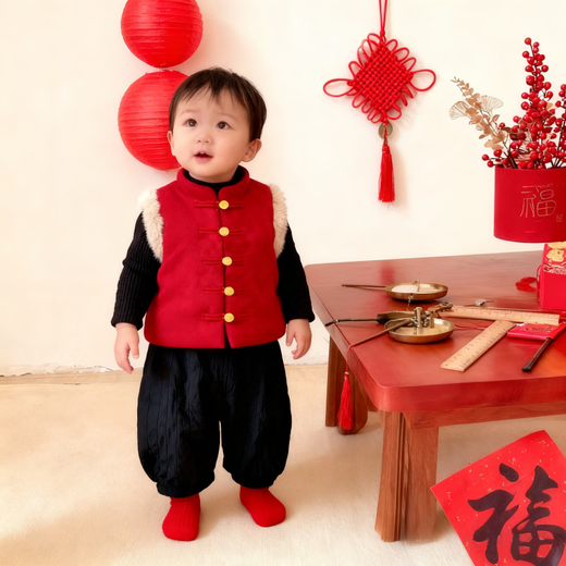 Baby New Year's greeting suit for boys, autumn and winter baby suit, Chinese style boy's red vest, winter warm New Year's greeting suit, 2546 dark red vest quilted 73 cm