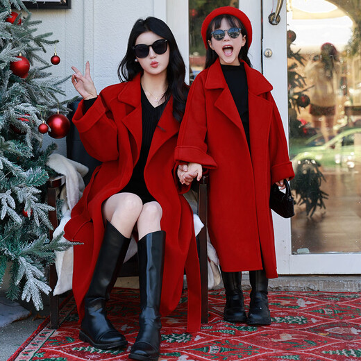 Mother-daughter parent-child outfit for a family of three, high-end lapel coat, Korean style sweet autumn and winter thickened fashionable red 100 cm for children and men