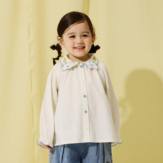 Papa climbing spring girls' shirt long-sleeved lapel pure cotton design western sweet shirt off-white 90