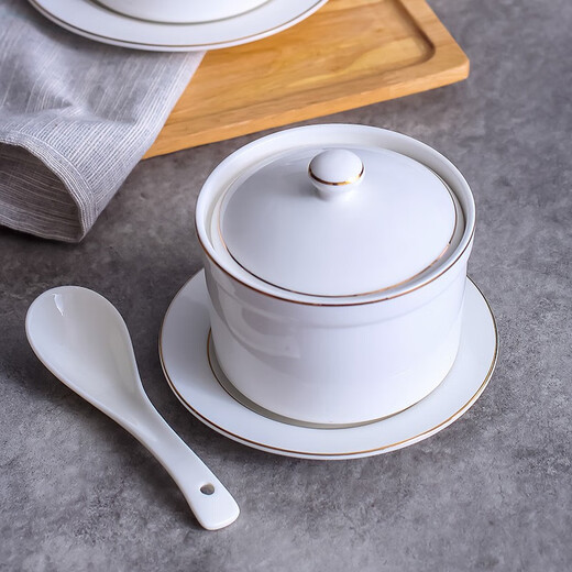 CiH Huijin stew pot ceramic hotel bird's nest soup bowl with lid water-proof stew pot set dessert cup high temperature resistance 4-inch Huijin straight stew pot single + bottom plate with spoon
