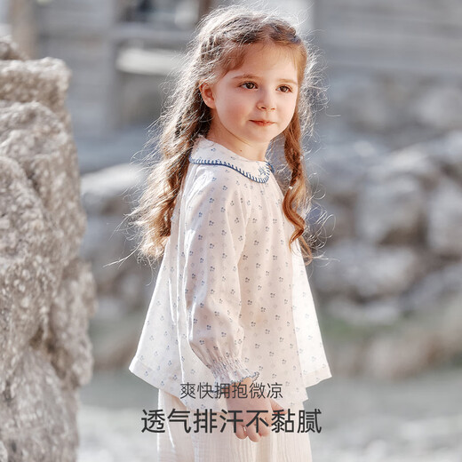 OAK FAMILY2026 spring children's Tencel linen long-sleeved tops girls baby loose T-shirt small blue flower 80