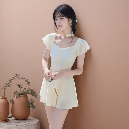 Yookdd swimsuit women's one-piece dress conservative hot spring swimsuit slimming body-covering swimsuit student seaside women's swimsuit off-white one-piece swimsuit one size