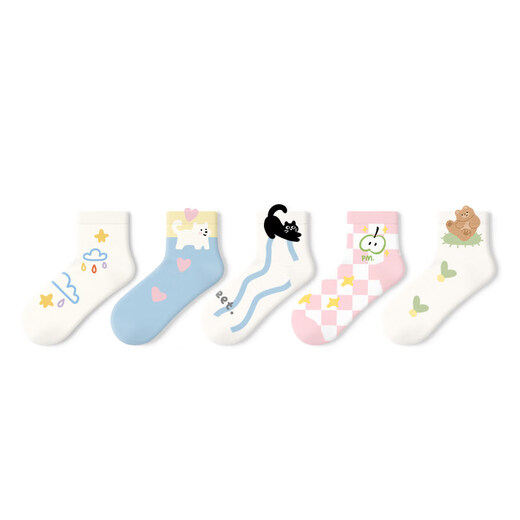 Pami (pami) socks women's short socks girls new summer thin cartoon cute puppy ins trend medium short tube cotton socks Rainbow Park medium short tube-pack_7A_Spring and summer new 5 pairs One size fits all (35-39)