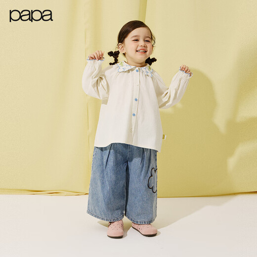 Papa climbing spring girls' shirt long-sleeved lapel pure cotton design western sweet shirt off-white 90