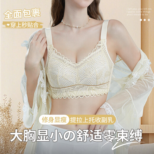 LangSha thin full-cup bra for women with large breasts, narrowing the secondary breasts, preventing sagging, holding up, comfortable lace red bra, champagne color 75B 34/75BC, full cup