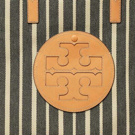 Tory Burch Ella Double T logo stripe lightweight commuting canvas with leather trim canvas bag tote bag basic package (bag + dust bag)