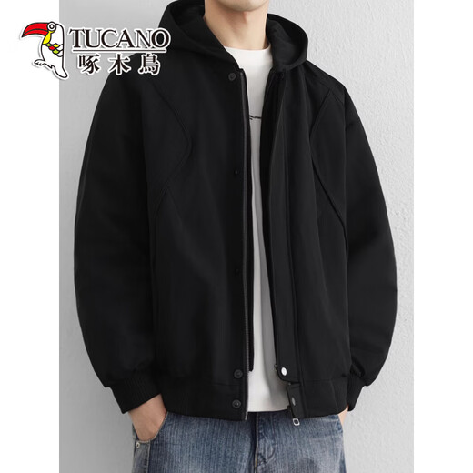 啄木鸟（TUCANO）轻薄羽绒服男士冬季新款宽松短款保暖工装夹克户外冲锋衣外套 黑色 M 【重100-120斤】