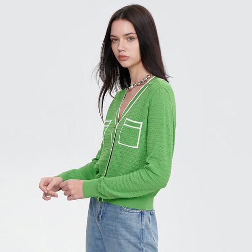 AITU green small fragrance short cardigan for women 2026 summer thin high-end French hollow sweater green M