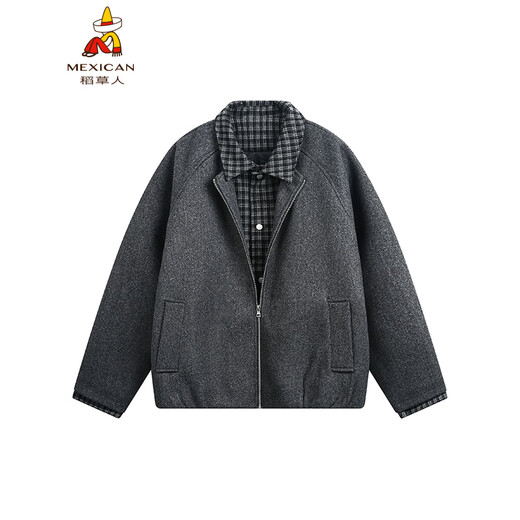 Scarecrow Men's Woolen Cotton Coat Jacket Men's Winter Puffy Handsome Fake Two-Piece Casual Cotton Jacket Loose Fashionable Cotton Clothes Light Gray HY8597 M