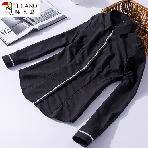 Woodpecker gray professional shirt women's long-sleeved warm winter all-in-one velvet and cotton temperament shirt plus velvet and thickened spring and autumn work clothes black topstitch decoration S