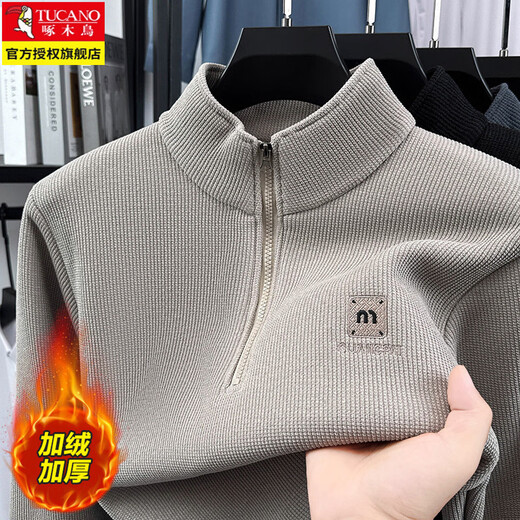 Woodpecker sweatshirt men's velvet thickened 2026 autumn and winter new long-sleeved men's casual T-shirt bottoming shirt 10301/7205 beige L