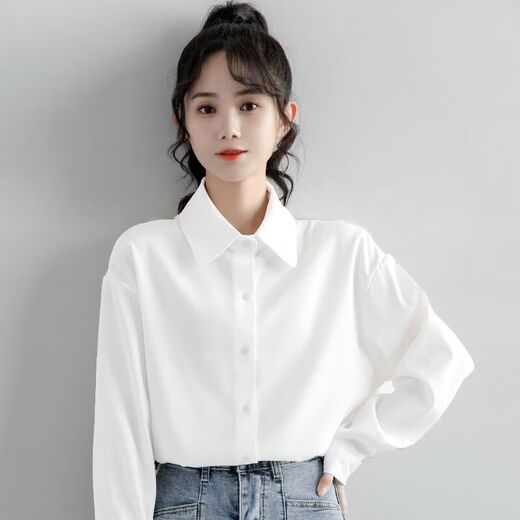 Ainolun white shirt for girls spring new college long-sleeved white shirt for women spring and autumn simple and versatile Korean style student casual white mall version exquisite fabric 160 S