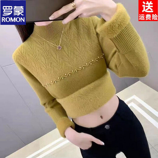 ROMON brand women's all-in-one velvet thickened bottoming sweater for women 26 autumn and winter new half turtleneck women's warm top black high quality quality assurance S recommended weight 90Jin Jin equals 0.5kg -105Jin Jin equals 0.5kg