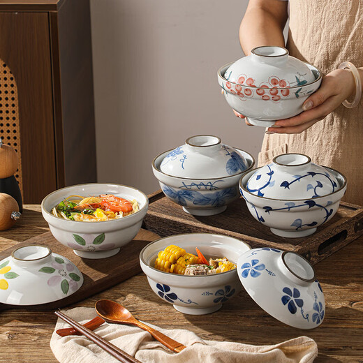 Tuojin Japanese large instant noodle bowl with lid ramen bowl ceramic bowl soup noodle bowl household ceramic large 6-inch soup bowl with lid 6-inch soup bowl with lid - Uncaria