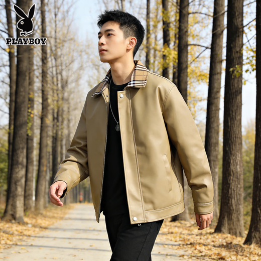 花花公子（PLAYBOY）翻领皮衣夹克外套男士春秋青年潮牌港风休闲皮衣格子撞色痞帅上衣 黑色 XL