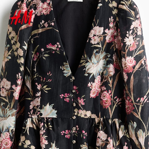 H&M2026 Spring New Women's Linen Blended Skirt Hem Top 1321285 Black/Floral XS 155/80