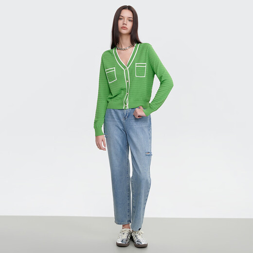 AITU green small fragrance short cardigan for women 2026 summer thin high-end French hollow sweater green M