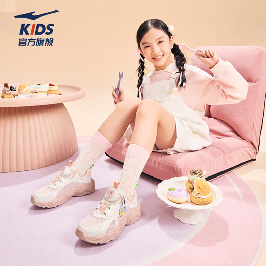 Hongxing Erke children's sports shoes girls 2026 new dense mesh magic spin contrasting color versatile girls casual dad shoes | Sweetheart 4 seashell pink/microcrystalline white 36