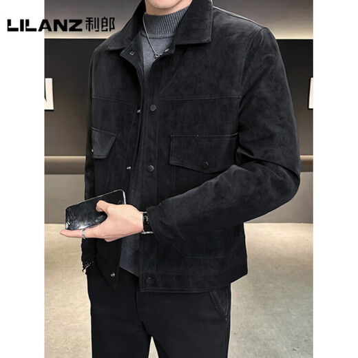 利郎（LILANZ）官方轻薄男士羽绒服冬季2025新款翻领麂皮加厚男装皮夹克高端外套 咖色-旗舰款 3XL 155-170斤
