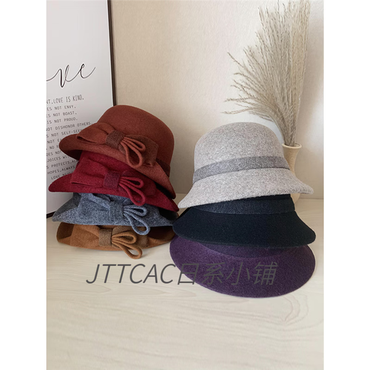 JTTCAC Japanese Wool Hat Women's Autumn and Winter Elegant Curly Bow Celebrity Hat Mom British Retro Woolen Basin Hat Mocha Color Adjustable