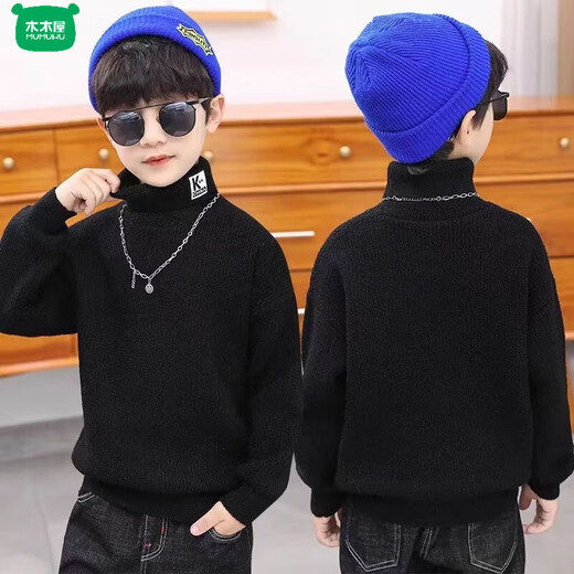 Wooden house children's clothing children's sweater all-in-one velvet turtleneck boys' sweater plus velvet thickened winter new medium and large children's bottoming shirt trendy black 100 recommended height 90-100