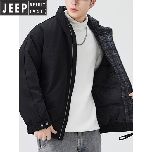 JEEP吉普立领羽绒服男士加厚工装防寒服男装冬季新款高端拼接保暖外套 黑色 2XL 135-155斤
