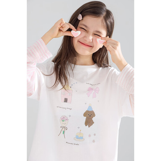 Mucmukn Frühlingsparty-Leinen + Lyocell + Baumwolle, originales, handbemaltes, bedrucktes, gefälschtes zweiteiliges T-Shirt für Mädchen, rosa und weiße Streifen, 150 cm
