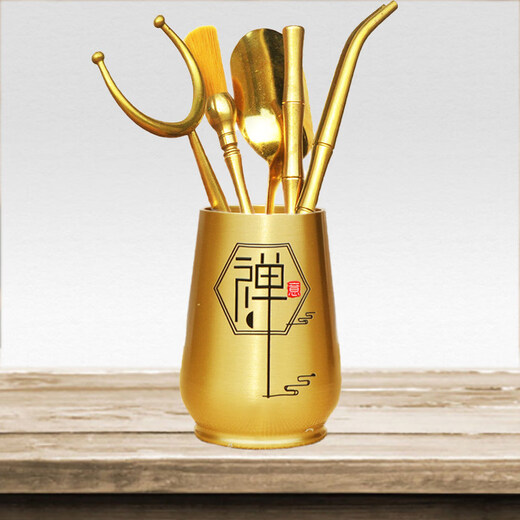 Pu'an Brass Six Gentlemen Set Raising Pot Pen Tea Clip Tea Spoon Tea Cylinder Pu'er Tea Knife and Fork 6 Gentlemen Kung Fu Tea Ceremony Accessories Thickened Double Dragon Opera Zhu Six Gentlemen