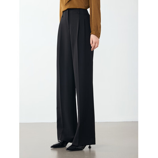 Langzi 2024 winter new style wool high-end straight wide-leg trousers, slim and elegant black suit pants, black M