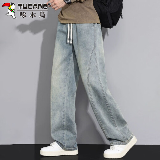 Woodpecker (TUCANO) jeans men's spring and summer loose casual scimitar pants men's trendy straight wide-leg trousers black M
