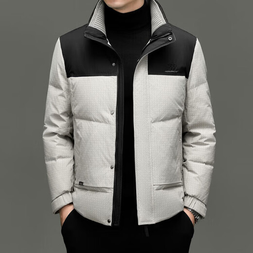 利郎（LILANZ）冬季新款白鸭绒羽绒服男时尚拼接休闲立领短款加厚保暖外套 米白色 M