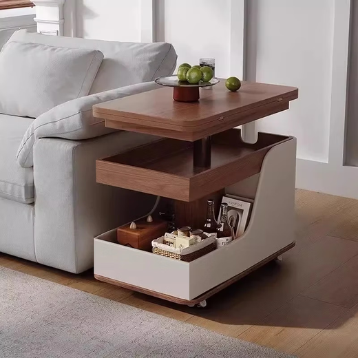 Movable side table, removable folding coffee table, small apartment, small trolley, solid wood, multifunctional, Jingdong express is fast and good, walnut color + white, can be raised and lowered at two heights