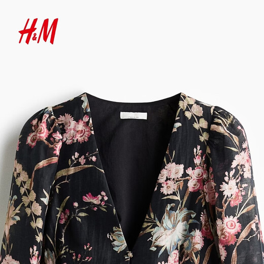 H&M2026 Spring New Women's Linen Blended Skirt Hem Top 1321285 Black/Floral XS 155/80