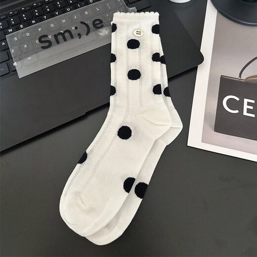 Aoyanlai miu wave dot socks women's summer mesh thin mid-tube cotton socks white