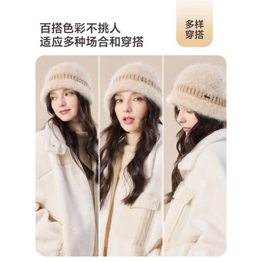 JIUMU Mohair Hat Women's Autumn and Winter Warm Fisherman Hat Versatile Coldproof Ear Protection Long-staple Wool Knitted Basin Hat Beige Color One Size-58cm