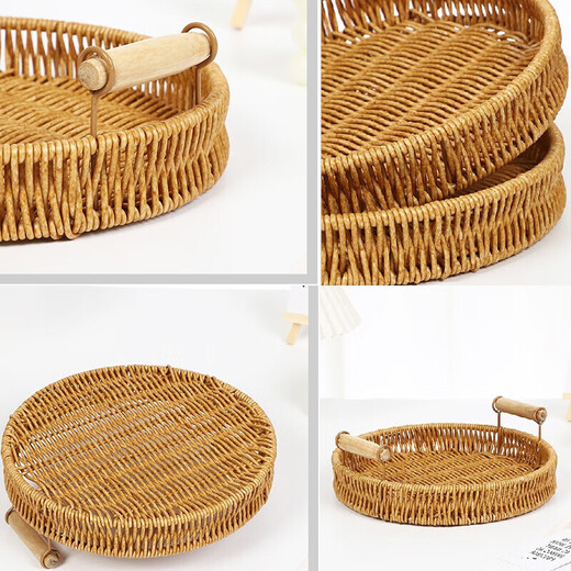 Jingxianju Bamboo Basket Bamboo Basket Bamboo Basket Fruit Plate Tray Steamed Bun Basket Small Desktop Snack Storage Box Vegetable Handmade Double-Ear Imitation Rattan Fruit Plate Medium Size