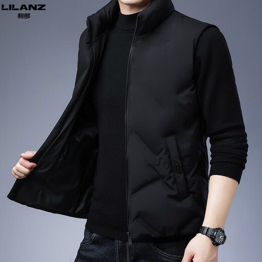 LiLang Shopping Mall Same Style Men's Lightweight Down Vest Autumn and Winter Warm Stand Collar Jacket Men's Vest Vest Sleeveless Down Black 099 M 170