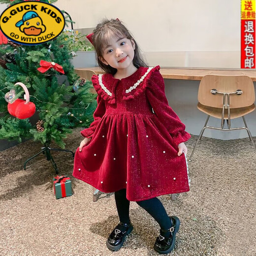 R.DUCKKIDS Children's Clothing Autumn and Winter New Year Baby New Year's Eve Clothes Girls' Thickened Velvet Princess Dress Girls' Dresses Festive Skirt Trendy Red (Thick Velvet) 130