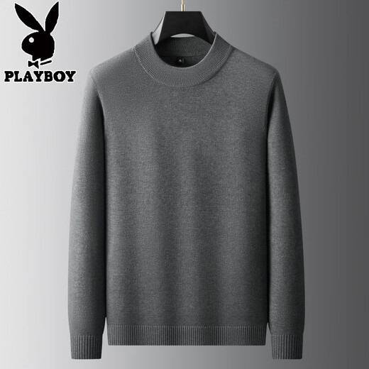 Playboy high-end plus fat enlarged round neck woolen sweater for men in autumn and winter fat man warm long-sleeved knitted sweater bottoming shirt dark gray 5XL (recommended 210-230Jin Jin equals 0.5 kg)