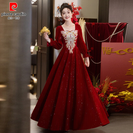 Pierre Cardin Large Size Toast Wear 2026 New Bride Wedding Home Temperament High-end Winter Burgundy Engagement Dress Burgundy 081 M (bust 85, waist 68) (100Jin Jin is equal to 0.5kg 110Jin Jin is equal to 0.5kg