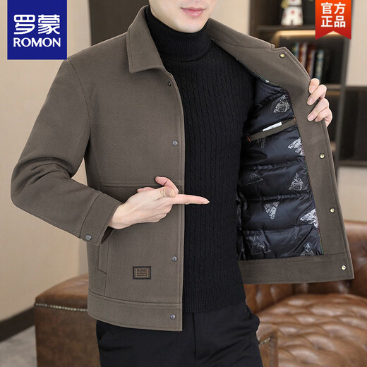 ROMON шерстяной пуховик мужской короткий утолщенный шерстяной плащ мужской осенне-зимний белый утиный пуховик с лацканами на подкладке H8303 кофейный цвет (пуховая подкладка) M (95-115Цзинь Цзинь равен 0,5 кг)