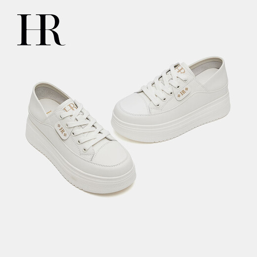 HR Helena women's shoes 2025 winter new thick sole heightening casual white shoes round toe laces comfortable and versatile white 35