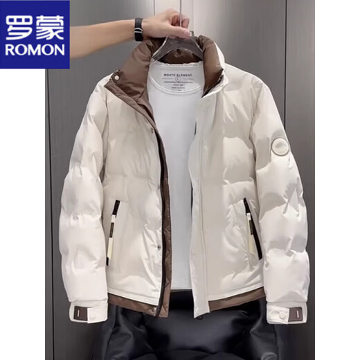 罗蒙（ROMON）短款羽绒服男款秋冬季加厚潮牌帅气时尚立领休闲白鸭绒羽绒外套 2335米白色【立领款】 XL 【建议130-145斤】