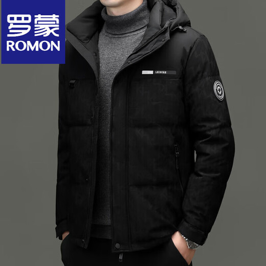 ROMON high-end down jacket men's 2025 winter hooded cold-proof white duck down jacket short warm fashion thickened jacket black S 165