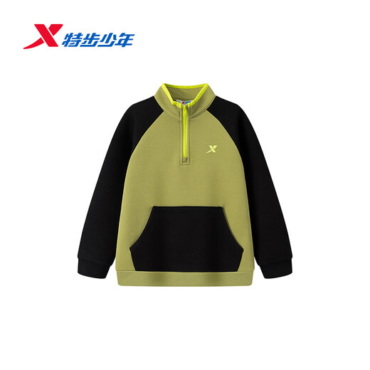 Xtep shopping mall same style children's sweatshirt spring boys and girls soft and lightweight trendy color matching half turtleneck top Autumn green/Danqing black 100