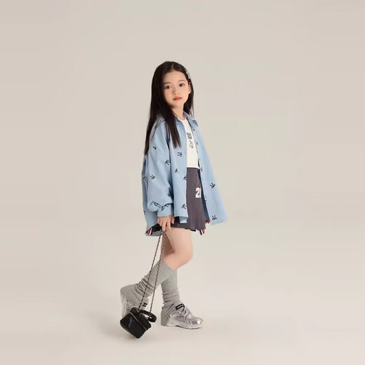 Children's shirts 2025 spring and autumn new style girls Korean style sweet all-over printed bow shirts baby tops and jackets trendy blue 170
