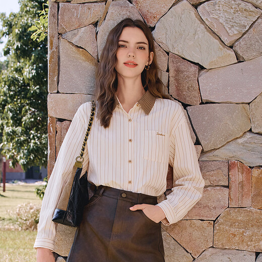 Betu women's 2026 spring new shirt contrasting color knitted collar textured striped high-end top for women 2601T23 apricot S